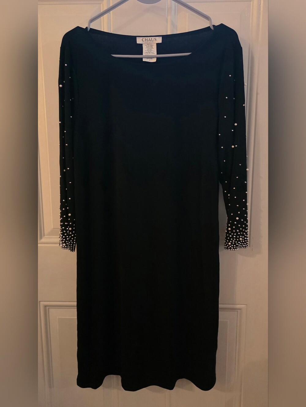 Chaus Black Midi Dress with Pearl-Accent Sleeves